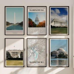 Lot de 6 affiches Washington DC, photographies de ville en couleur et carte, art mural imprimable pour salon ou bureau, cadeau de voyage numérique