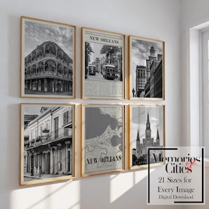 Juego de 6 pósteres de Nueva Orleans con fotos y mapa de la ciudad en blanco y negro, arte mural imprimible para el hogar, la oficina o como regalo, decoración urbana digital.