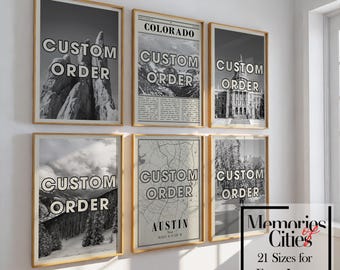 Juego personalizado de 6 pósteres impresos con mapa personalizado de paisaje urbano para galería de fotos y arte mural.