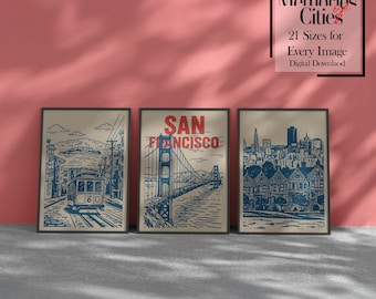 San Francisco Retro Line Art Print | Vintage SF Skyline Poster | Golden Gate Minimalist Ink Drawing | Digital Wall Art for Home & Office