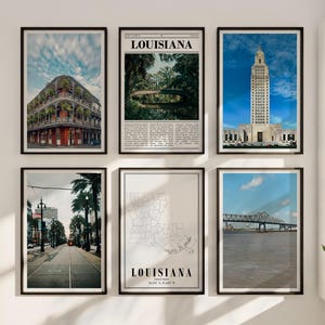 Juego de 6 pósteres de Luisiana, fotografía de la ciudad y la naturaleza a color, arte de mapas imprimible para el hogar o la oficina, regalo de decoración digital sureña