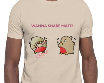 T-shirt grappig vogel: Wanna Share T-shirt met Mate Cartoon-afbeelding