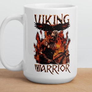 Viking Warrior White Glossy Mug, Norse Mythology Cup, Nordic Viking Coffee Mug, Medieval Warrior Mug, Gothic Cup, Norse Gift Mug, Raven Mug