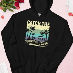 Catch the Summer Vibes Hoodie, Retro Beach Sweatshirt, Palm Tree Vacation Pullover, Sunset Surf Hoodie, Tropical Ocean Gift, Holiday Hoodie