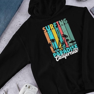 Surfing Paradise California Unisex Hoodie, Retro Beach Sweatshirt, Vintage Surf Pullover, Ocean Wave Hoodie, Palm Tree Cozy Hoodie