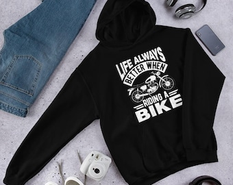 Bluza z kapturem "Życie jest lepsze, jazda na rowerze", prezent w stylu vintage z motocyklem