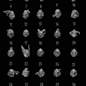 May include: A collection of 30 detailed, gray miniature helmet designs, each with unique features like visors, horns, and facial expressions. The helmets are arranged in a grid against a black background, showcasing various styles.