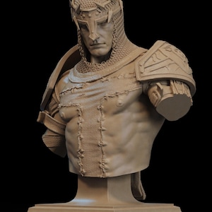 May include: A detailed bust of a warrior, sculpted in a neutral beige tone. The figure wears a helmet with a crown, chainmail, and shoulder armor. The bust is mounted on a rectangular base, set against a black background.