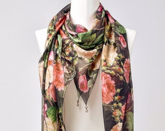 Silk scarf / silk shawl / scarf / shoulder scarf / ladies scarf / "English Roses" with or without pearl decoration