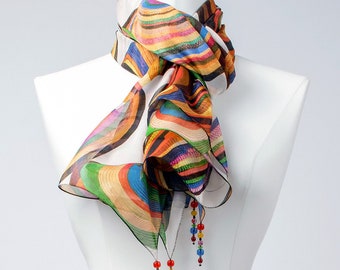 Silk scarf/scarf/silk scarf/triangular scarf/neck scarf/wrap scarf/shoulder scarf/stole "Funny Sombreros" with pearl decoration