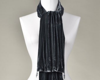 Silk scarf / velvet scarf / shawl / silk velvet scarf / neck scarf / wrap scarf / "Steel Gray Velvet Straight Crash Pearls" with pearl decoration