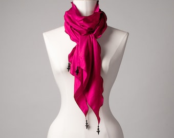 Long scarf | Scarf | Wrap scarf | Silk scarf with pearl decoration &quot;Pink Wild Waves&quot;