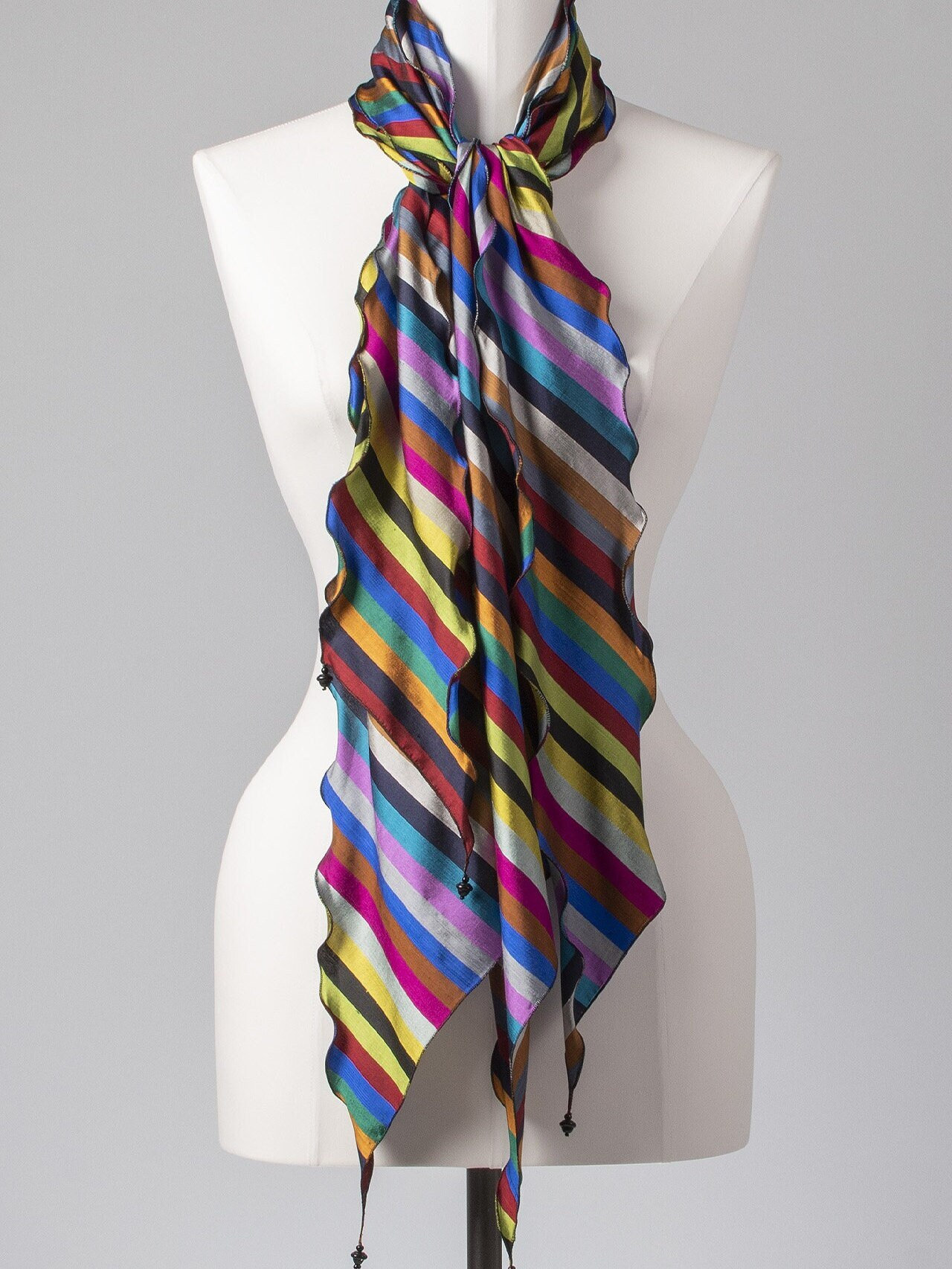Silk scarf with pearl decoration "Stripes and Waves Combination"