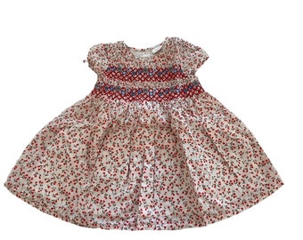 Vintage Smocked baby dress ‘Next UK’ red, off white, blue, Size 3-6 months