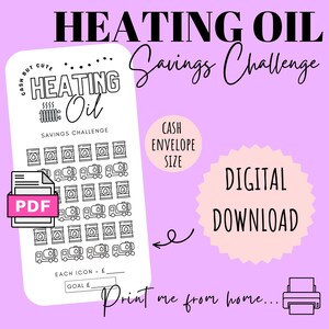 Könnte beinhalten: Ein druckbarer Heizöl-Spar-Challenge-Tracker. Der Tracker hat ein Schwarzweiß-Design mit Ölfässern und LKWs. Der Text "CASH BUT CUTE" befindet sich oben auf dem Tracker. Der Text "HEATING OIL SAVINGS CHALLENGE" befindet sich unter den Ölfässern und LKWs. Der Text "EACH ICON = € GOAL €" befindet sich unten auf dem Tracker.