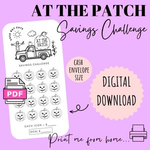 May include: A printable black and white savings challenge tracker with a Halloween theme. The tracker features a cartoon truck with pumpkins and the text "At the Patch Savings Challenge". There are 18 pumpkin icons to color in as you save money. The text "Each icon = $ Goal $" is at the bottom of the tracker.