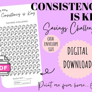 Puede incluir: Un imprimible de desafío de ahorro blanco con gráficos de llaves. El texto incluye "Consistency is Key" y "Savings Challenge". El diseño también presenta las etiquetas "Digital Download" y "Cash Envelope Size", y un icono PDF.