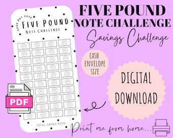 Five Pound Note Savings Challenge | DIGITAL DOWNLOAD | Printable Savings Challenge | Cash Stuffing | Cash Savings Challenge | CashButCute
