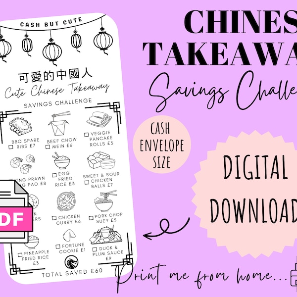 Chinesische Menü-Spar-Challenge | DIGITALER DOWNLOAD | Druckbare Spar-Challenge | Cash Stuffing | Cash Savings Challenge | CashButCute |