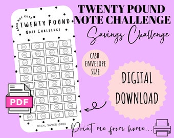 Twenty Pound Note Savings Challenge | DIGITAL DOWNLOAD | Printable Savings Challenge | Cash Stuffing | Cash Savings Challenge | CashButCute