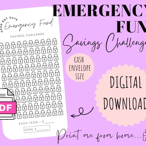 Może przedstawiać: Drukowany plik do pobrania z cyfrowym trackerem wyzwania oszczędnościowego. Tracker zawiera siatkę 100 ikon kłódek. Tekst "Emergency Fund Savings Challenge" znajduje się na górze trackera. Tekst "Cash Envelope Size" znajduje się w kółku w prawym górnym rogu trackera. Tekst "Each Icon = £ Goal £" znajduje się na dole trackera.