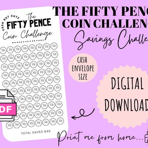 Może przedstawiać: Drukowany plik do pobrania w formacie cyfrowym z wykresem wyzwania oszczędnościowego. Wykres zawiera siatkę 80 kół, z których każde reprezentuje monetę o wartości 50 pensów. Łączna kwota zaoszczędzona to 40 funtów. Wykres jest oznaczony jako "The Fifty Pence Coin Challenge Savings Challenge".