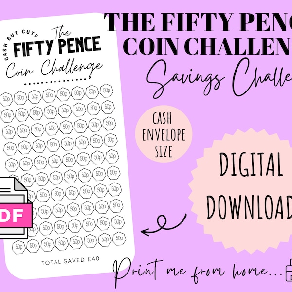 Fifty Pence Savings Challenge | DIGITAL DOWNLOAD | Printable Savings Challenge | Cash Stuffing | Cash Savings Challenge | CashButCute