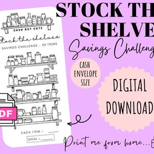 Könnte beinhalten: Ein digitaler Spar-Challenge-Druck mit dem Text "Stock the Shelves Savings Challenge - 50 Items". Das Design zeigt Regale voller Gläser und Flaschen, mit einem PDF-Symbol und den Worten "Digital Download".