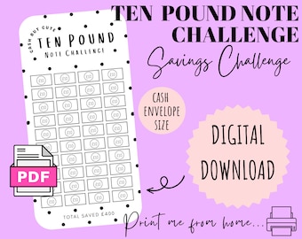Ten Pound Note Savings Challenge | DIGITAL DOWNLOAD | Printable Savings Challenge | Cash Stuffing | Cash Savings Challenge | CashButCute