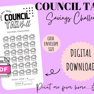 Könnte beinhalten: Ein druckbarer digitaler Download eines Council Tax Savings Challenge Trackers. Der Tracker verfügt über ein Schwarzweiß-Design mit einem Raster von Häusern mit der Aufschrift "TAX" und einem Platz zum Eintragen Ihres Sparziels. Der Text "CASH ENVELOPE SIZE" ist ebenfalls enthalten.