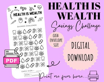 Health is wealth Savings Challenge | DIGITAL DOWNLOAD | Printable Savings Challenge | Cash Stuffing | Cash Savings Challenge | CashButCute |