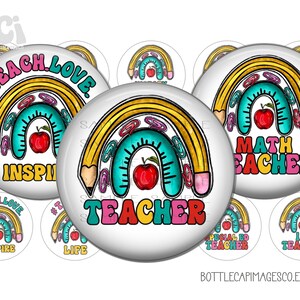 Peut inclure: Ensemble de 10 autocollants ronds avec un motif arc-en-ciel avec des crayons, des trombones et une pomme. Les autocollants ont des textes différents, notamment "Teach Love Inspire", "Math Teacher", "Teacher", "Special Ed Teacher" et "1st Teacher".