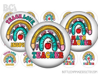 Teacher Rainbow Bottle Cap Images, BCI School Teacher Bottlecap Images, Digital 1 inch 25mm Circles, Math, Science, High School, History BCI