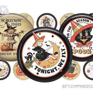 Vintage Spooky Bottle Cap Halloween Images - BCI Halloween Bottle Cap Images - Digital 1 inch 25mm Circles - Retro Scarecrow, Witch, Ghost