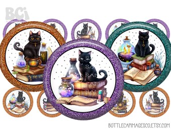 Black Cat Halloween Bottle Cap Images - Magic Potions (Digital Download)