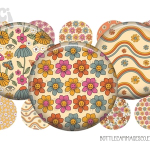 Groovy Boho Bottle Cap Images,  Rainbow Daisy Images, 1 inch Circles, 25mm Caboshons, 4X6 Digital Collage, Retro Hippie Bottle Cap Images