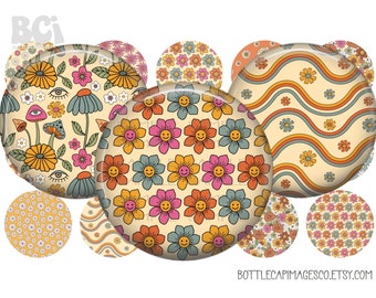 Imágenes de tapas de botellas bohemias con estilo, collage retro hippie (descarga digital)