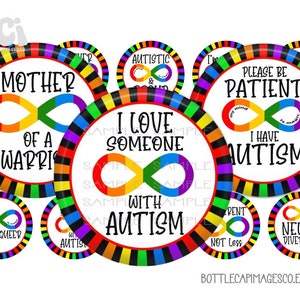 Puede incluir: Conjunto de diez pegatinas redondas de 5 cm de diámetro con símbolos de infinito arcoíris y texto relacionado con el autismo. El texto incluye "Madre de un guerrero", "Amo a alguien con autismo", "Por favor, ten paciencia, tengo autismo", "Neurodivergente", "Neuroqueer" y "Autista y orgulloso".