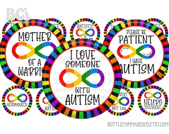 Autism Awareness Bottle Cap Images, 1 inch Circles (Digital BCI)