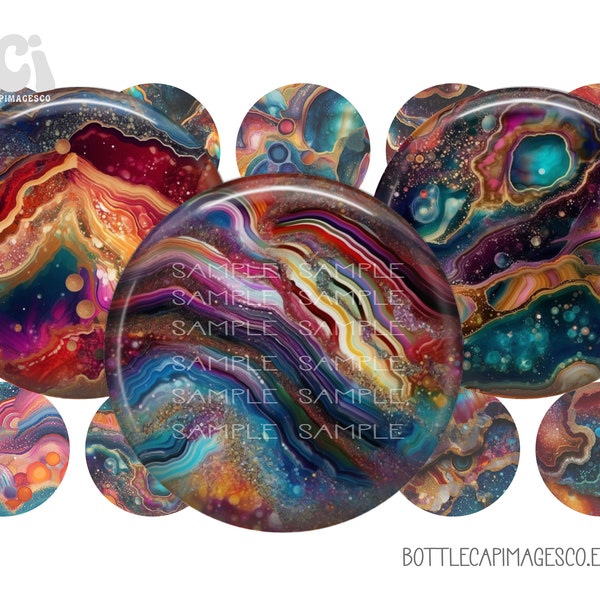 Agate Crystal Bottle Cap Images -  Rainbow Marble Images - BCI Digital 1 inch 25mm Circles - Celestial, 3rd Eye, Spiritual Gemstone, Chakra