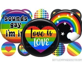 Gay Pride Bottle Cap Images, Rainbow Pride Bottlecap Images, 1 inch Circles, 25mm Caboshons, 4X6 Digital Collage Sheet, LGBTQ Images