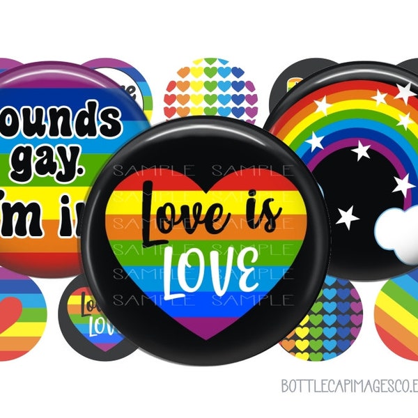 Gay Pride Bottle Cap Images, Rainbow Pride Bottlecap Images, 1 inch Circles, 25mm Caboshons, 4X6 Digital Collage Sheet, LGBTQ Images