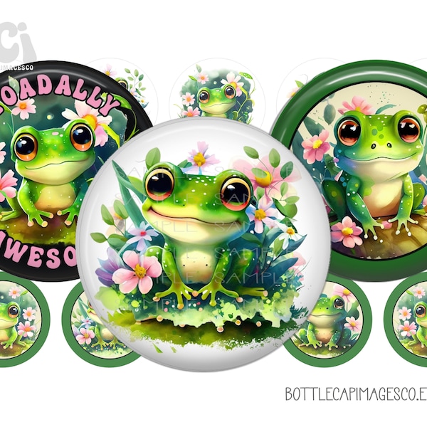 Frog Bottle Cap Images, BCI Cute Frog Floral Bottlecap Images, Digital 1 inch 25mm Circles, Toads, I Love Frogs, Happy Frogs, Amphibian BCI