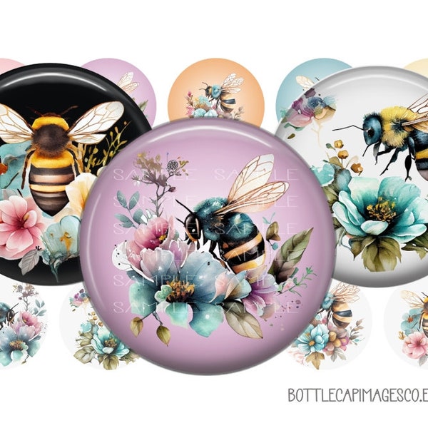 Floral Bee Bottle Cap Images, Queen Bee Bottlecap Images, 1 inch Circles, 25mm Caboshons, 4X6 Digital Collage Sheet, Cute Floral Bee Images