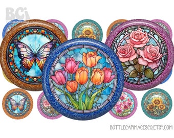 Flower Butterfly Bottle Cap Images - BCI Stained Glass Bottlecap Images - 1 inch 25mm Circles - 4X6 Digital Sheet - Butterfly Flower Images