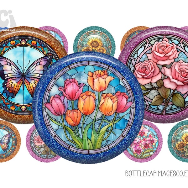 Flower Butterfly Bottle Cap Images - BCI Stained Glass Bottlecap Images - 1 inch 25mm Circles - 4X6 Digital Sheet - Butterfly Flower Images
