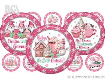 Pink Christmas Bottle Cap Images - Retro Pink Christmas BottleCap Images -  BCI Digital 1 Inch 25mm  Circles - Santa, Snowman, Hot Cocoa