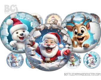 Christmas Winter Bottle Cap Images - 3D Break Through BottleCap Images - BCI 1inch 25mm Circles - Digital Christmas Ornament Images - Santa