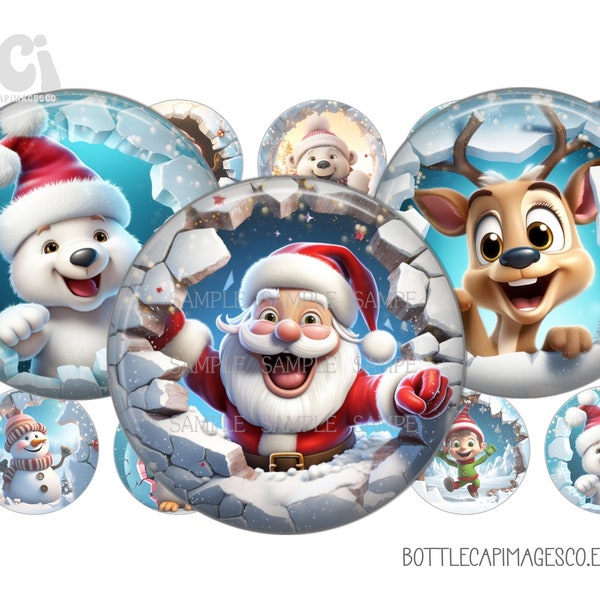 Christmas Winter Bottle Cap Images - 3D Break Through BottleCap Images - BCI 1inch 25mm Circles - Digital Christmas Ornament Images - Santa