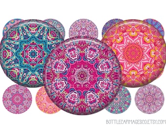 Imágenes de tapas de botellas con mandalas: círculos de 2,5 cm (hoja de imagen digital)